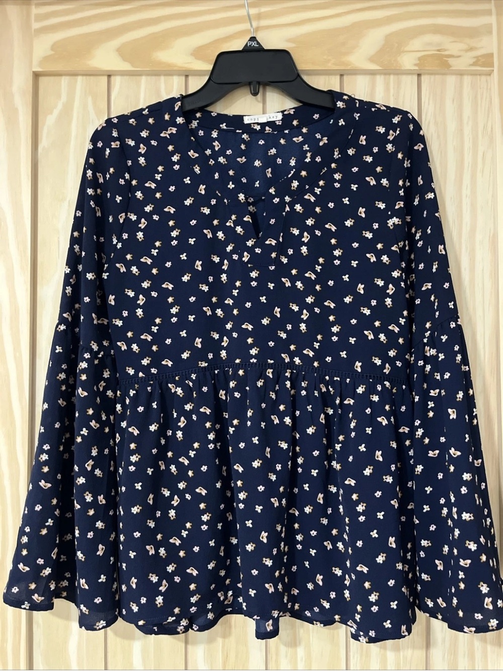 Copper Key Navy Floral Peplum Bell Sleeves Top